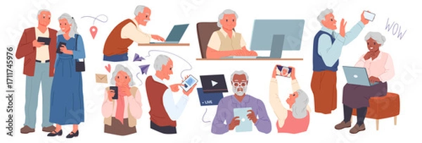 Fototapeta Old people using phone, computer and laptop set. Senior man and woman holding smartphones to chat in social media, use map and video player mobile app, grandparents at PC cartoon vector illustration
