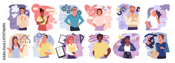 Fototapeta MBTI typology of people with different types of personality, creative thinking and behavior, psychology. Female and male characters with focus on emotion or logic thoughts cartoon vector illustration