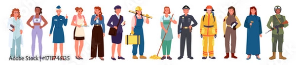 Fototapeta Women of different professions and career set. Young female characters with various professional occupation, front portraits of happy smiling girls workers in uniform cartoon vector illustration