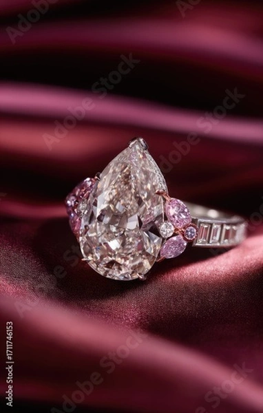 Fototapeta Pear-shaped diamond ring, accented with smaller stones, on a deep maroon fabric