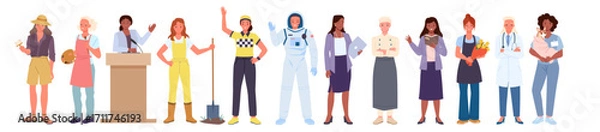 Fototapeta Women of different professions and career set. Young female characters with various professional occupation, front portraits of happy smiling girls workers in uniform cartoon vector illustration