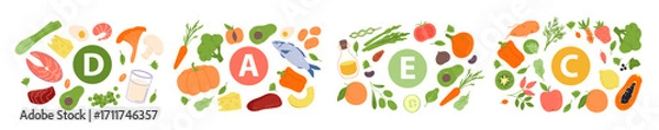 Fototapeta Food with vitamin A C E D infographic banner design set. Organic fruits and vegetables, dairy products and fish, meat and mushrooms as natural vitamin sources in diet