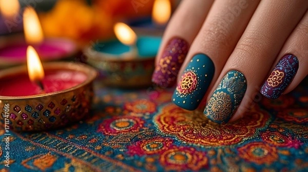 Fototapeta Diwali festival nails with sparkling diya lamps and rangoli patterns, gold and bright colors, funky backdrop