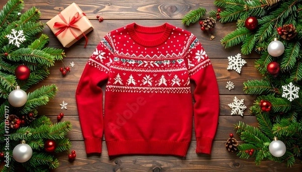 Obraz Red Christmas sweater on a wooden background with festive decorations
