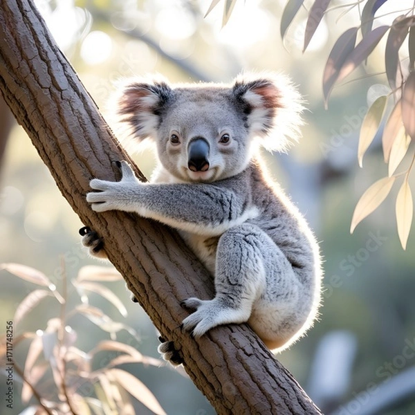 Fototapeta Adorable baby koala clings to a eucalyptus tree branch in australia