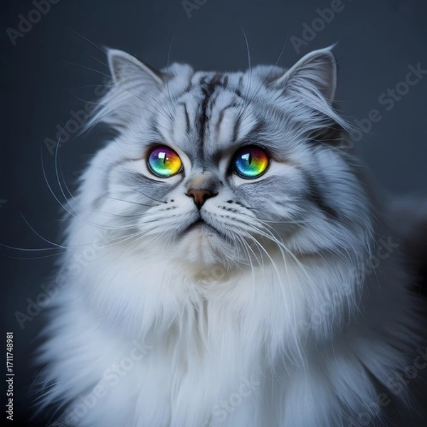 Fototapeta Majestic long haired cat with striking rainbow eyes looking intensely