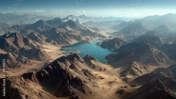 Fototapeta High-altitude desert landscape with a serene lake nestled in a mountain valley
