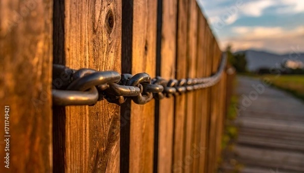 Fototapeta Chain link fence at sunset