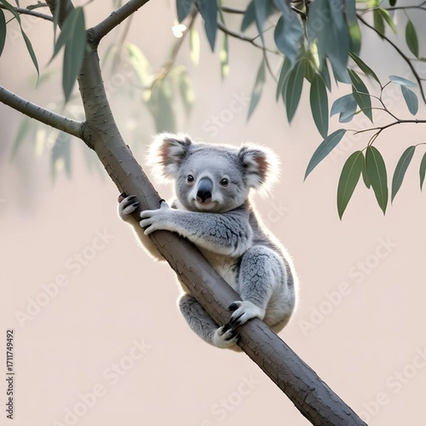 Fototapeta Adorable koala clings to eucalyptus tree branch in soft natural light