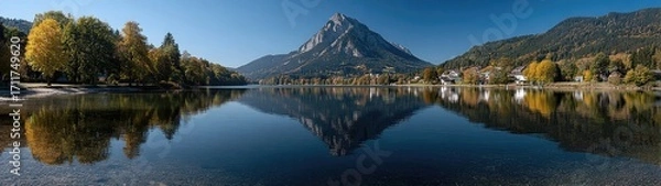 Fototapeta Serene mountain lake reflecting autumn colors