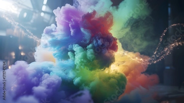 Fototapeta Vibrant rainbow colored smoke cloud explosion abstract background