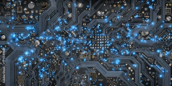 Fototapeta Close-up circuit board with glowing blue components