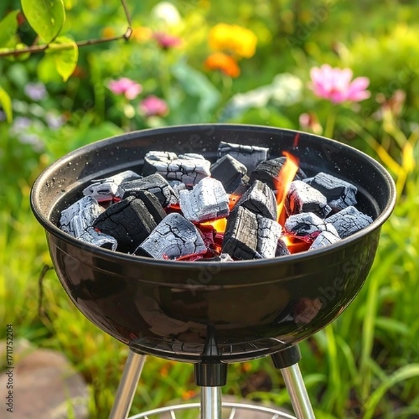 Fototapeta Charcoal grill with burning coals in a garden setting