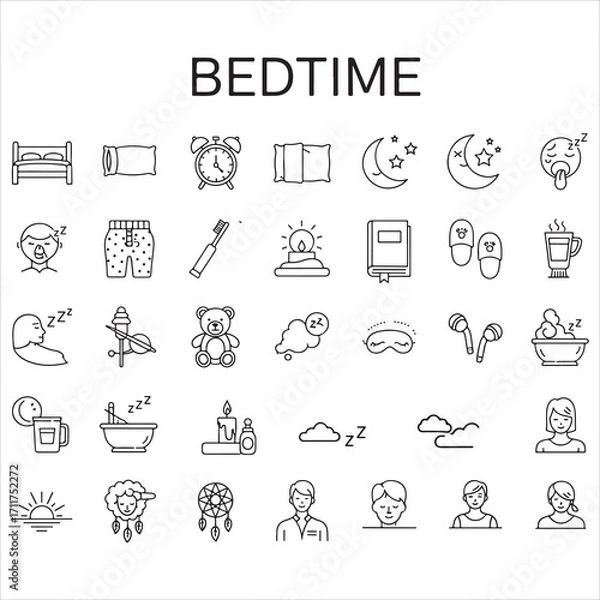 Obraz Set of bedtime vector icons in clean line art style featuring beds, pillows, blankets, night lamps, sleep masks, and more. Editable stroke.