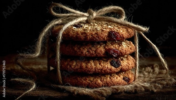 Obraz Stack of oatmeal raisin cookies tied with twine (3)