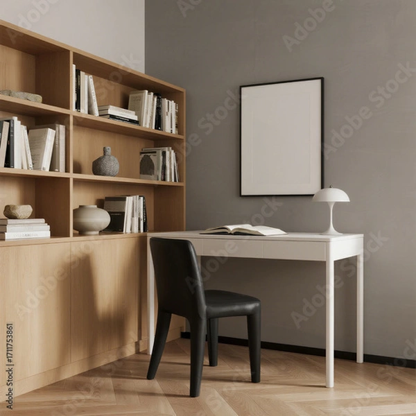 Fototapeta Minimalist Home Office Space with Wooden Bookshelf and White Desk