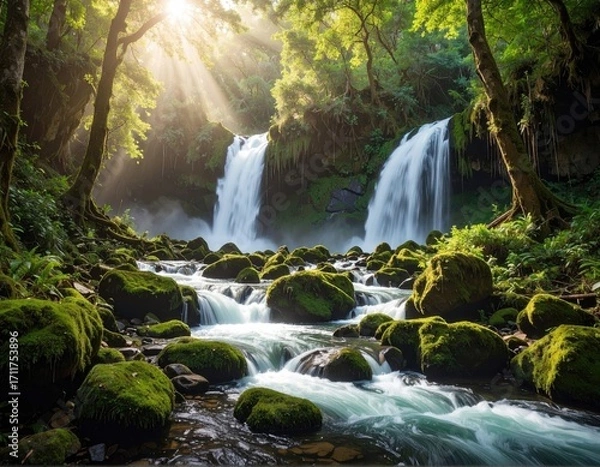 Fototapeta Lush waterfall cascading through mossy rocks in a sunlit forest (2)