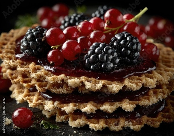 Obraz Stacked waffles topped with berry compote and fresh berries