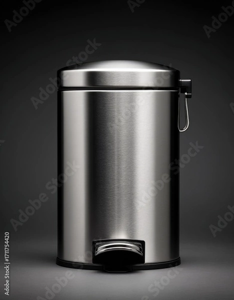 Obraz Sleek, stainless steel waste bin against dark backdrop