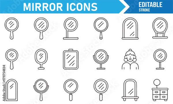 Fototapeta Set of wall mirror and portable mirror line icons, editable stroke style