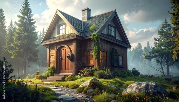 Fototapeta Charming cabin nestled in a misty forest