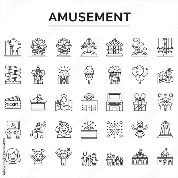 Fototapeta Set of amusement vector icons in clean line art style featuring roller coasters, Ferris wheels, carnival tents, tickets, clowns, and more. Editable stroke.