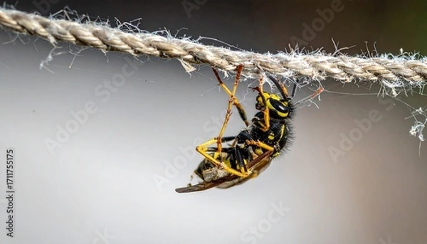 Fototapeta Close-up of a wasp hanging upside down from a rope