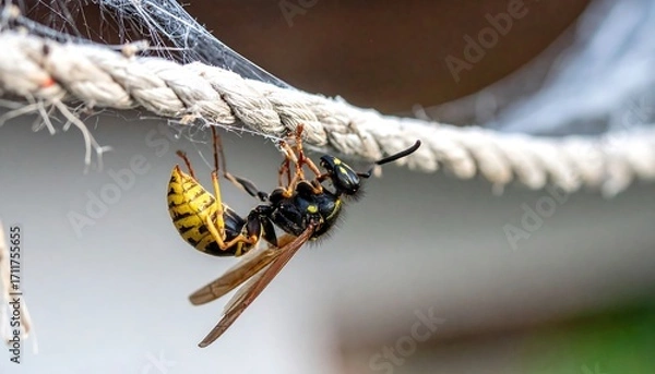 Fototapeta Close-up of a wasp hanging upside down on a rope