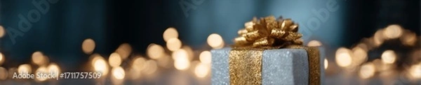 Fototapeta Elegant gilded gift commands attention amidst whimsical bokeh luminescence, reminiscent of Diwali festivity or Solstice wonderment