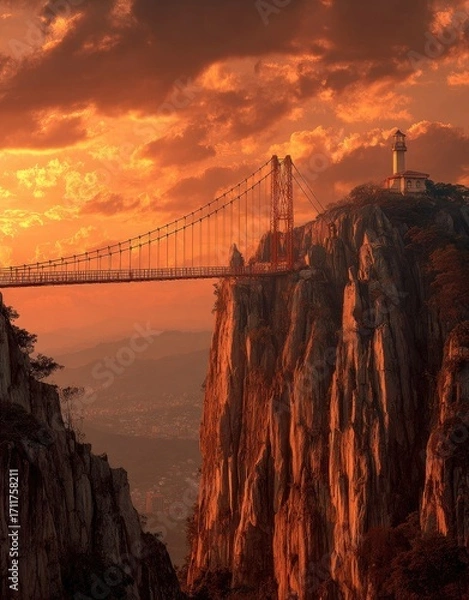 Obraz Sunset hues paint a dramatic mountain vista, showcasing a suspension bridge spanning a chasm