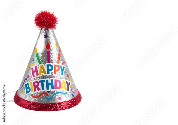 Fototapeta Colorful Party Hat with Red Pom Pom for Birthday Celebrations isolated on transparent background