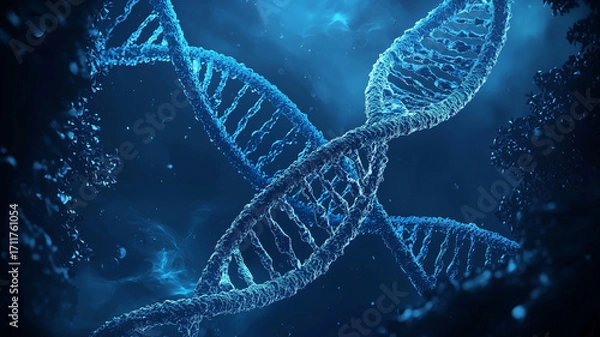 Fototapeta DNA close-up on dark blue background. View under the microscope. Generative ai
