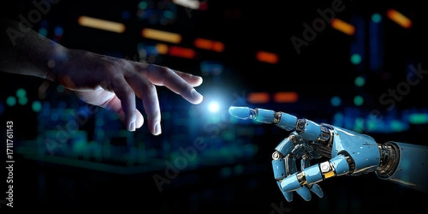 Fototapeta Man hand connecting to a robot on dark tech background with a blue halo at center. Generative ai cyborg hand