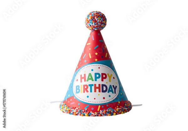 Fototapeta Colorful Happy Birthday Party Hat with Confetti isolated on transparent background