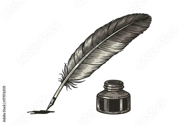 Fototapeta Quill Pen and Inkwell A Classic Writing Instrument isolated on transparent background