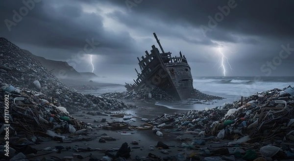Obraz Desolate Shipwreck on a Stormy Coast.