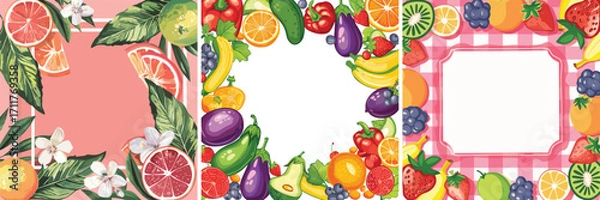Fototapeta Set of 3 colorful fruit frames for summer poster and invitation design