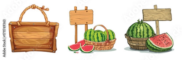 Fototapeta Vector illustration of picnic basket and watermelon sign for summer design