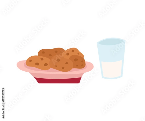 Fototapeta Cookies and milk doodle illustration. Vector sweet snack with biscuits and drink in hand drawn flat style. Isolated on white background.