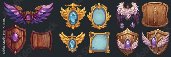 Fototapeta Set of fantasy game shields and badges for adventure interface design