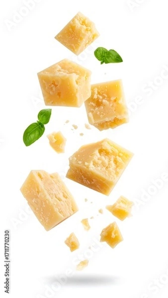 Fototapeta Cheese cubes in mid-air with basil