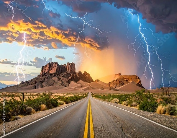 Obraz Dramatic desert road under storm clouds