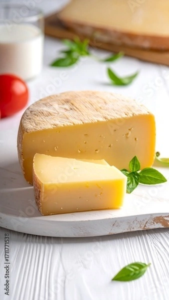 Fototapeta Cheese slices on a white board with milk and basil