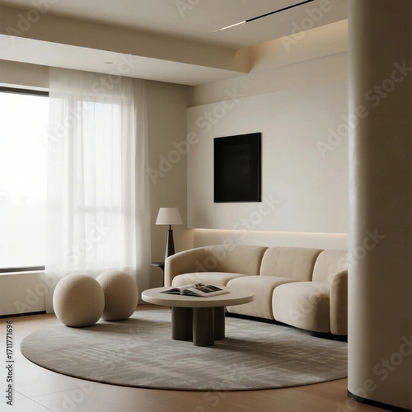 Fototapeta Minimalist living room with round sofa and soft lighting
