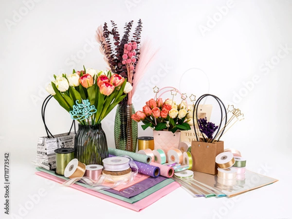 Obraz Still life of a set for florists, vases with artificial flowers, paper with flowerpots, multi-colored ribbons and dried flowers on a white background