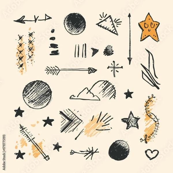 Fototapeta Many handdrawn abstract design elements with shapes and arrows. Perfect for presentations, infographics, websites, and social media graphics.