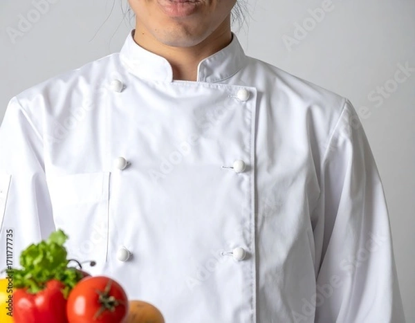 Fototapeta Chef in uniform holding fresh produce