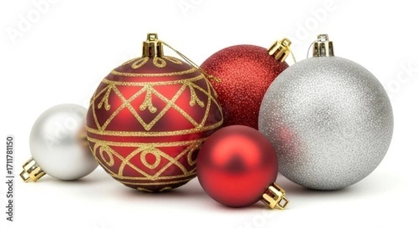 Obraz A festive assortment of red and silver Christmas ornaments with glitter and matte finishes, perfect for holiday decorations on a white background.