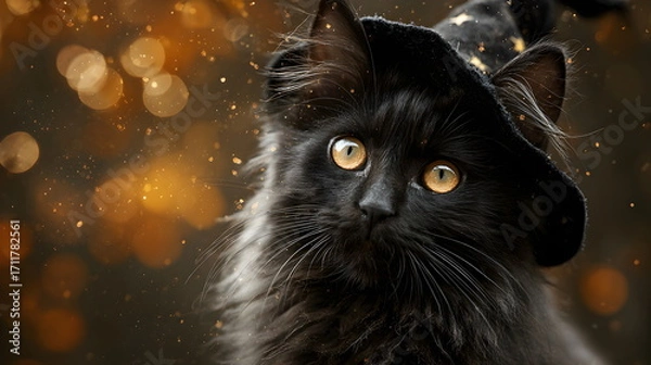 Obraz A fluffy black magic  kitten wearing an witch's hat, surrounded by autumn leaves, Halloween background