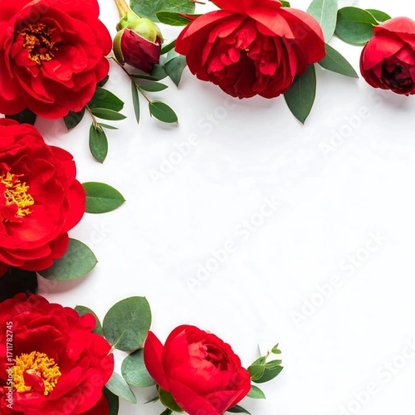 Obraz Red peonies and eucalyptus frame